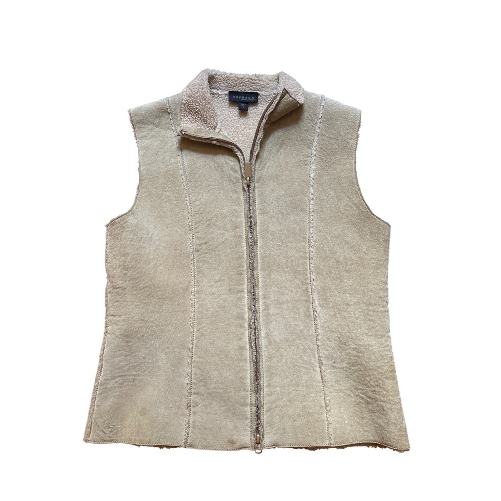 Express Vest‎ Women Tan Suede Leather Sherpa Lined Vintage Boho SIZE S